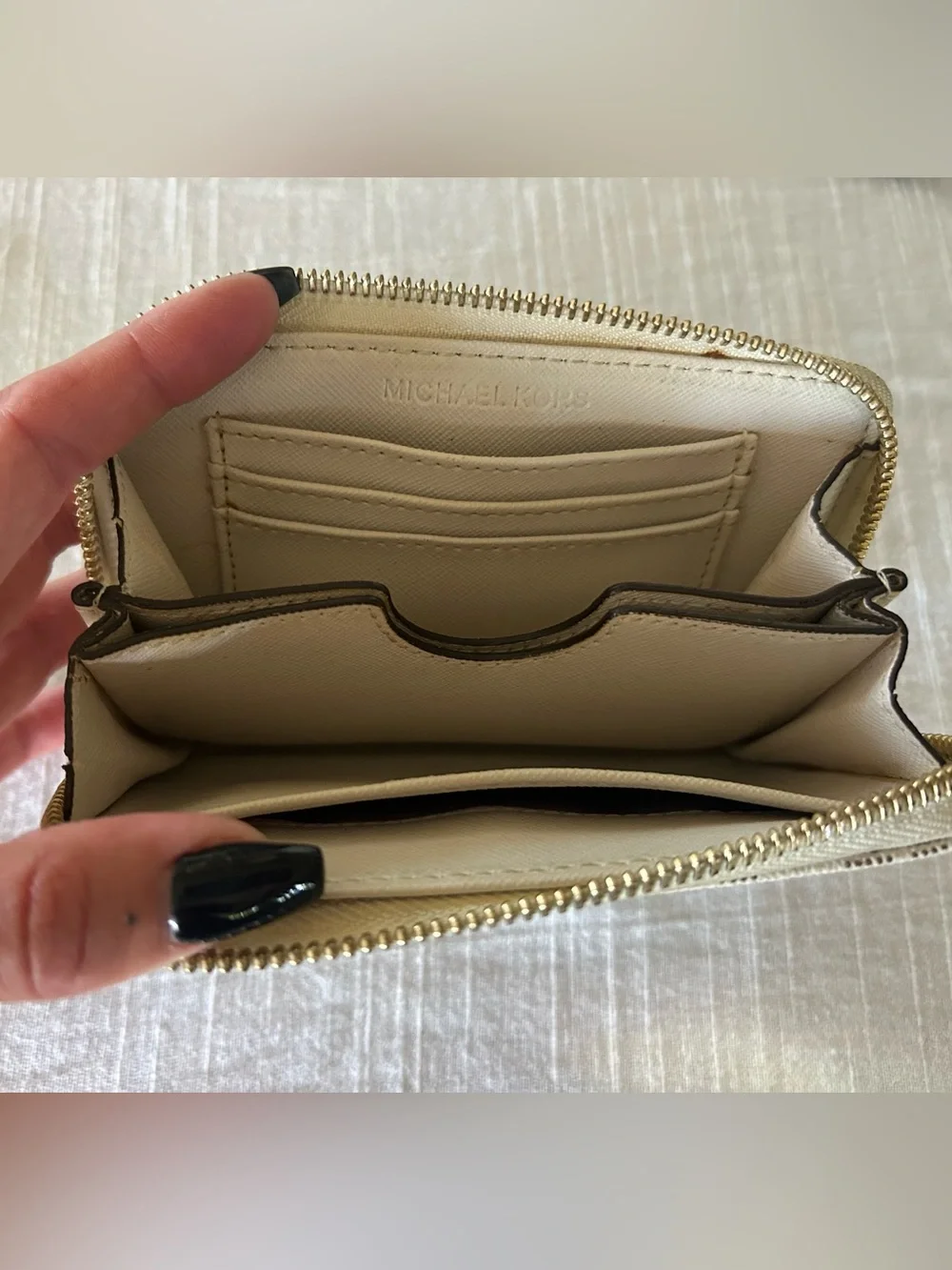 Michael Kors Beige Logo Card Holder with Gold Plaque